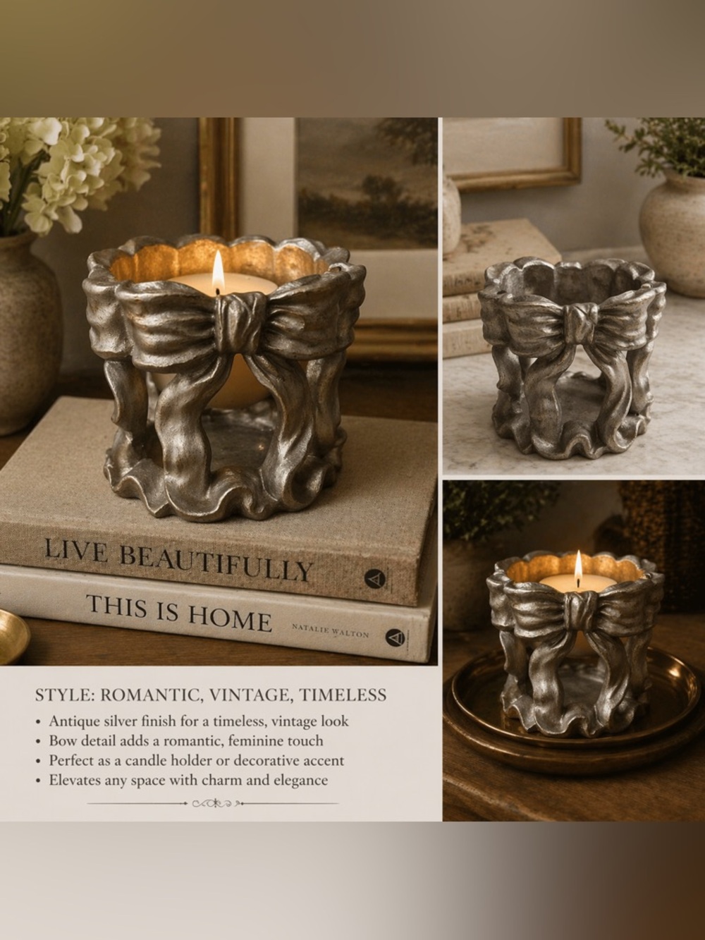 Vintage-Style Metal Ribbon & Bow Votive Candle Holder – 3.5” Tall